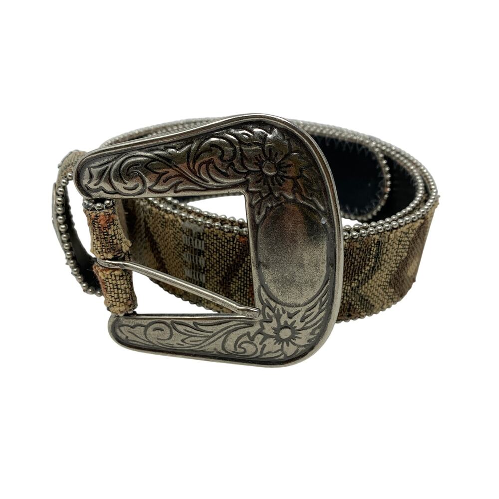 VTG Elite Neutral Tones Silver Tone Engraved Buckle Beaded Trim Belt Apx Sz M